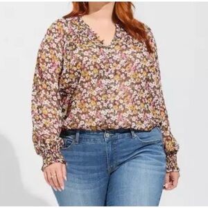Torrid Crinkle Chiffon Smocked Blouson Sleeve Blouse Floral